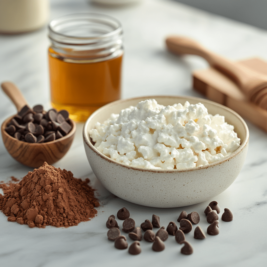 Cottage Cheese Chocolate Mousse Protein– A Healthy Dessert That Satisfies 8 Ingredients for a cottage cheese chocolate mousse protein dessert on a marble surface: a bowl of cottage cheese, cocoa powder, chocolate chips, and honey.