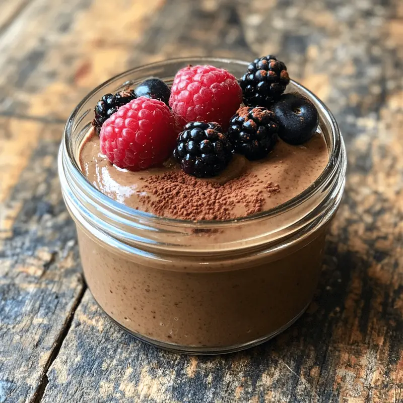 cottage cheese chocolate mousse protein dessert with berries and cocoa powder