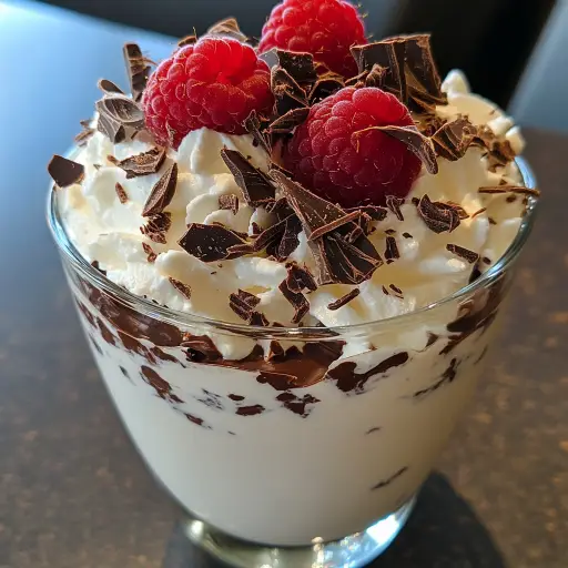 Cottage cheese chocolate mousse in a glass topped with chocolate and berries