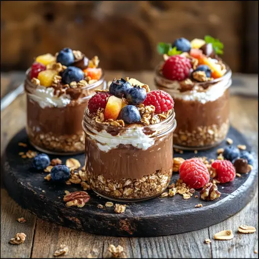 Creamy Cottage Cheese Chocolate Mousse You’ll Love 11 Layered cottage cheese chocolate mousse parfaits in glass jars, topped with granola, whipped cream, and fresh berries on a rustic wooden surface.