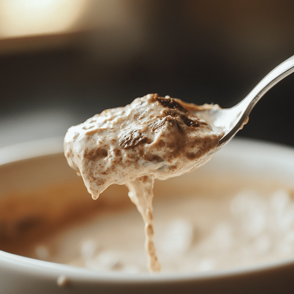 Cottage Cheese Chocolate Mousse Protein– A Healthy Dessert That Satisfies 10 Close-up view of cottage cheese chocolate mousse protein dessert with a creamy, textured mixture on a spoon, showing chocolate bits and airy consistency.