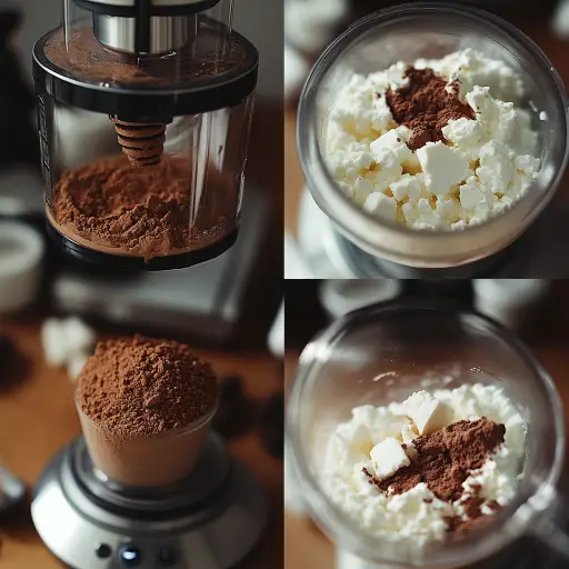 Creamy Cottage Cheese Chocolate Mousse You’ll Love 10 Steps in making cottage cheese chocolate mousse, including adding cocoa powder to cottage cheese in a blender, shown in four separate images.
