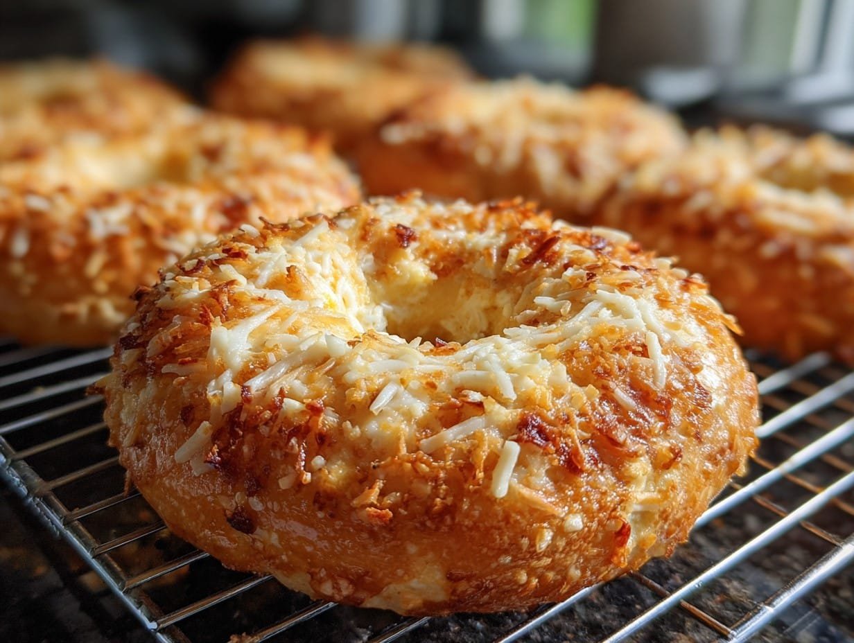 Golden-baked asiago cottage cheese bagels on a cooling rack