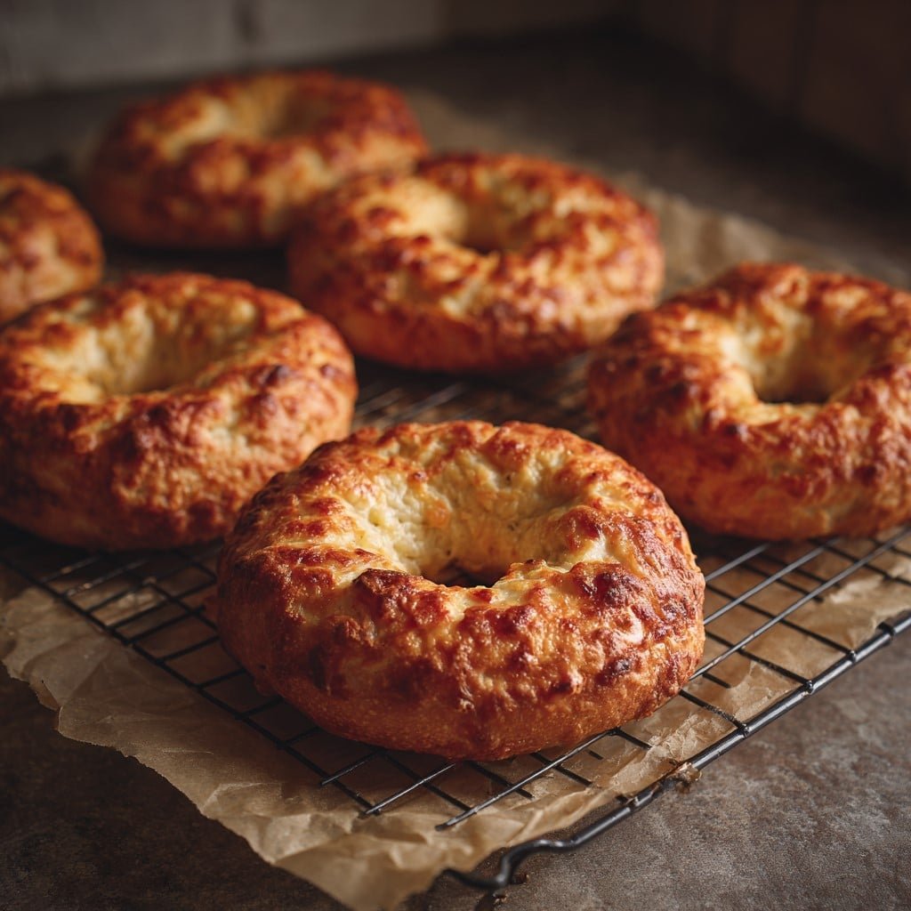 Baked asiago cottage cheese bagels cooling on a rack Baked asiago cottage cheese bagels cooling on a rack
