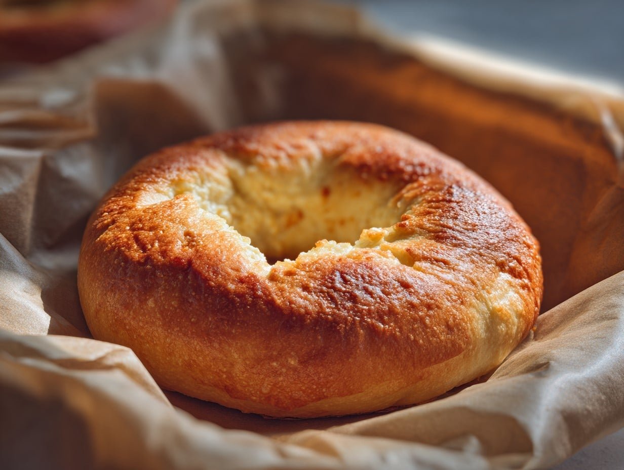 Light and golden cottage cheese  air fryer bagel in a parchment-lined basket