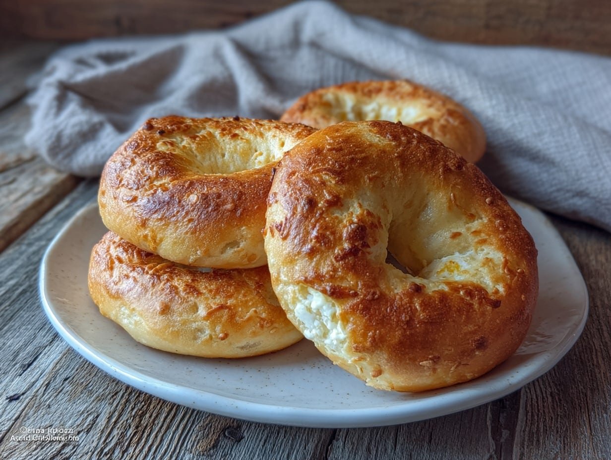 Homemade cottage cheese bagels recipe without self rising flour on a plate