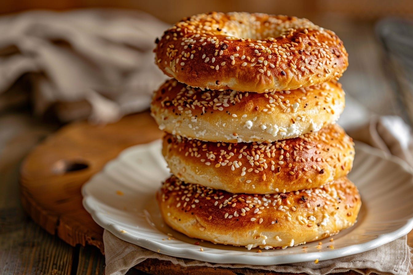 Stack of fluffy cottage cheese bagels on a plate