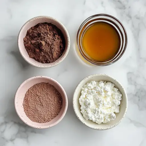 Creamy Cottage Cheese Chocolate Mousse You’ll Love 9 Four bowls of ingredients for cottage cheese chocolate mousse, including cocoa powder, cottage cheese, chocolate mix, and honey on a white marble surface.