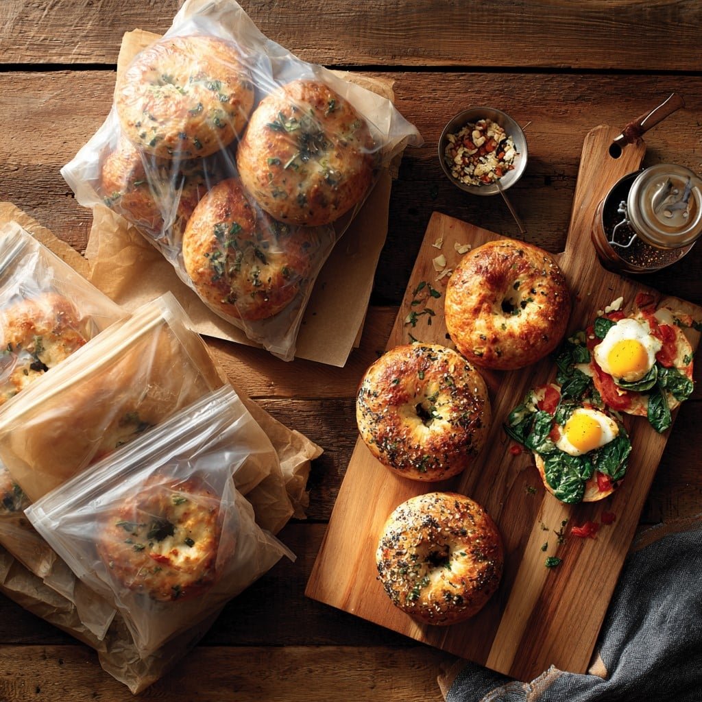 asiago-cottage-cheese-bagels-storage-serving Asiago cottage cheese bagels stored in parchment and served with toppings