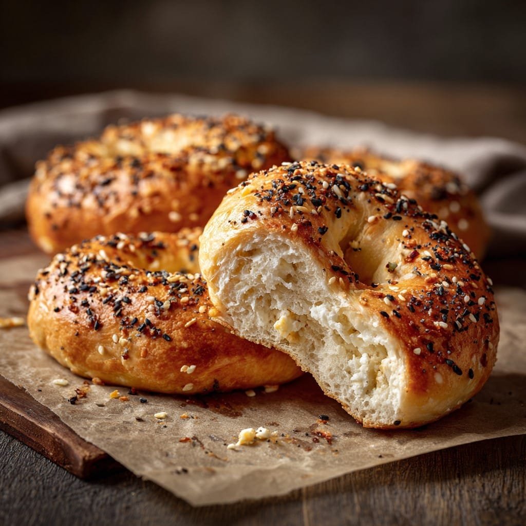 Freshly baked golden cottage cheese bagels recipe on parchment paper with everything seasoning
