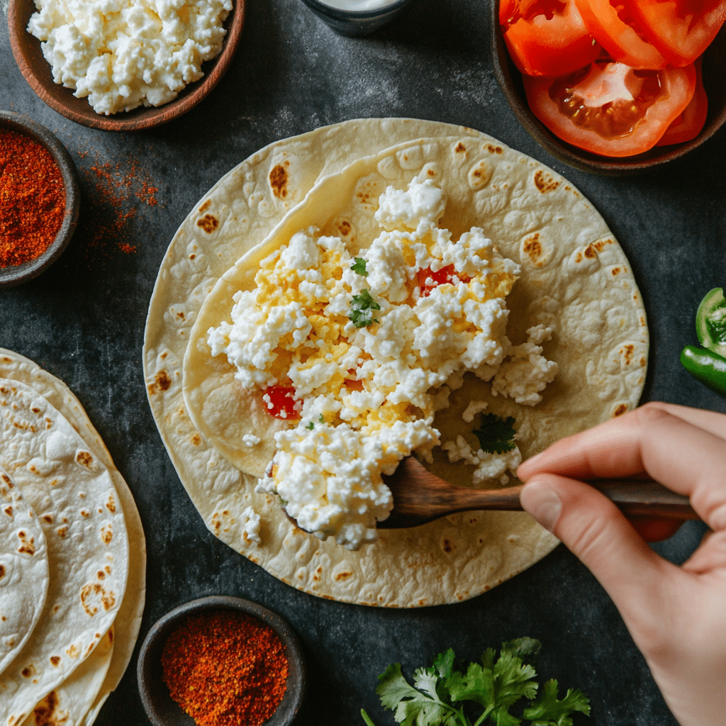 How to Make Everything Bagel Cottage Cheese Breakfast Tacos 35 Assembling cottage cheese and egg breakfast tacos