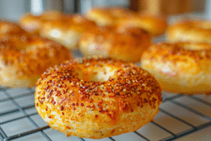 Baked cottage cheese bagels cooling after oven