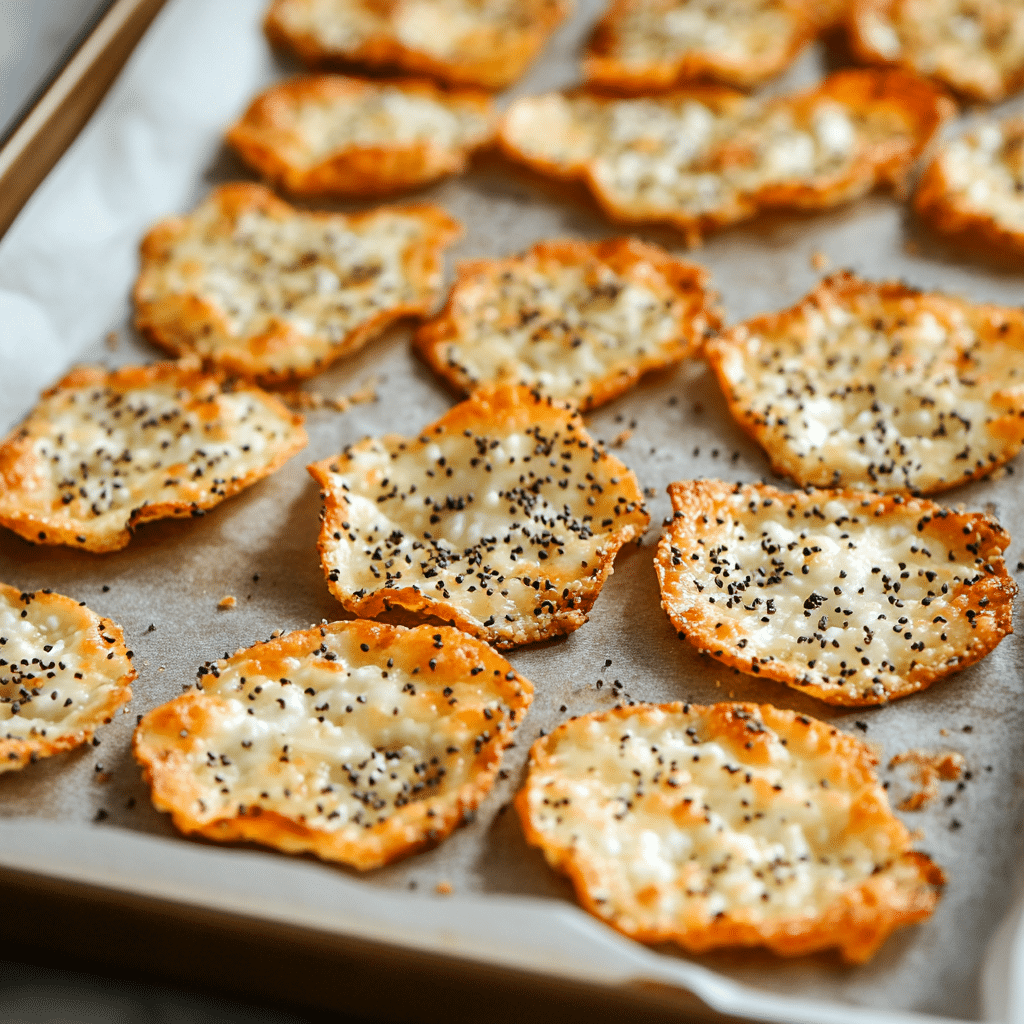 baked cottage cheese crisps with everything bagel seasoning on baking tray