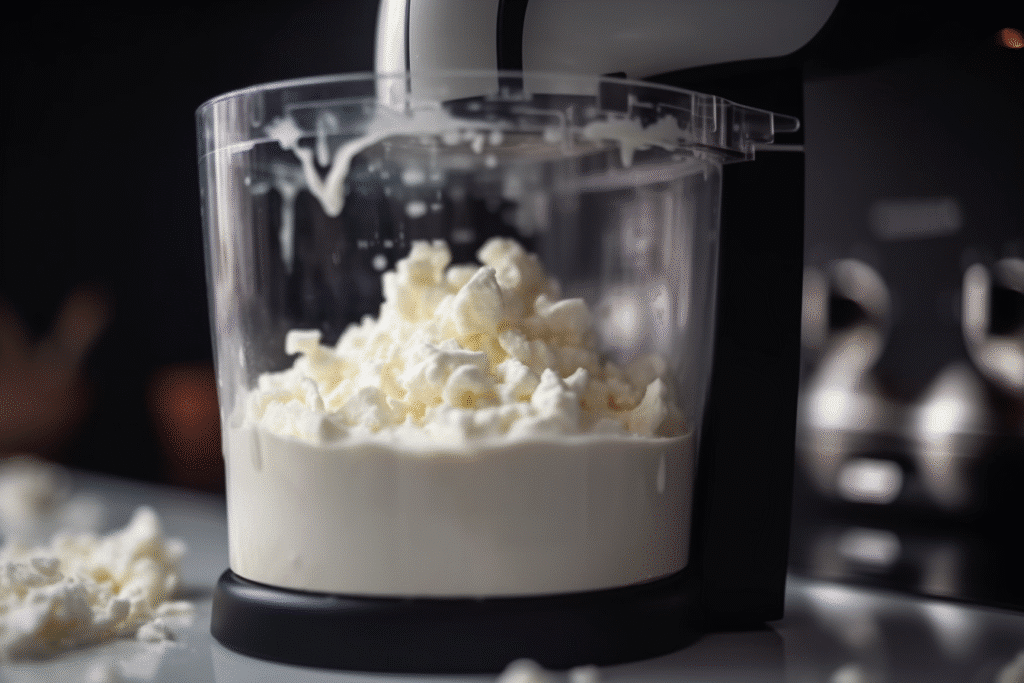 Blending cottage cheese smooth for fluffy bagel dough