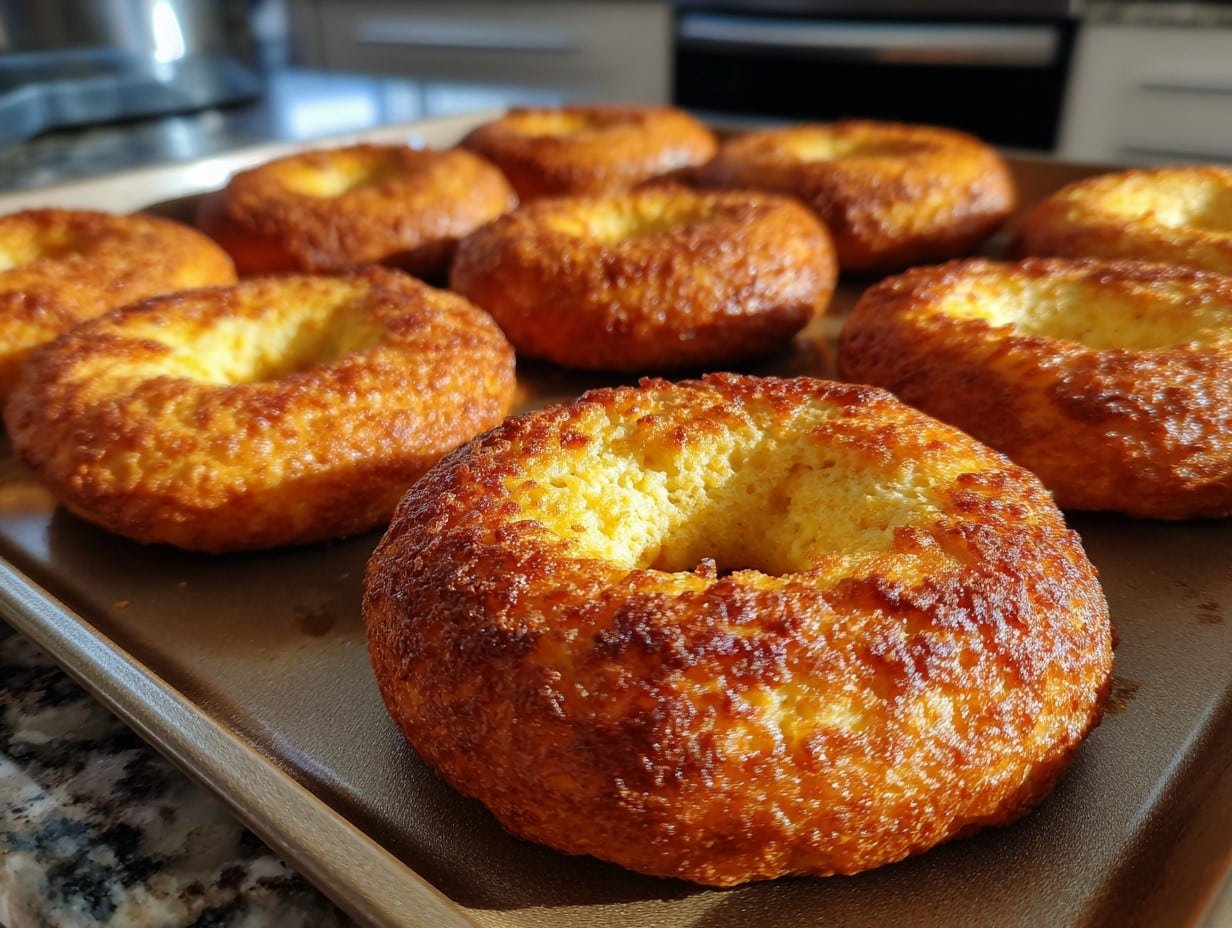 Golden brown Cottage Cheese Almond Flour Bagels Recipe in a baking tray