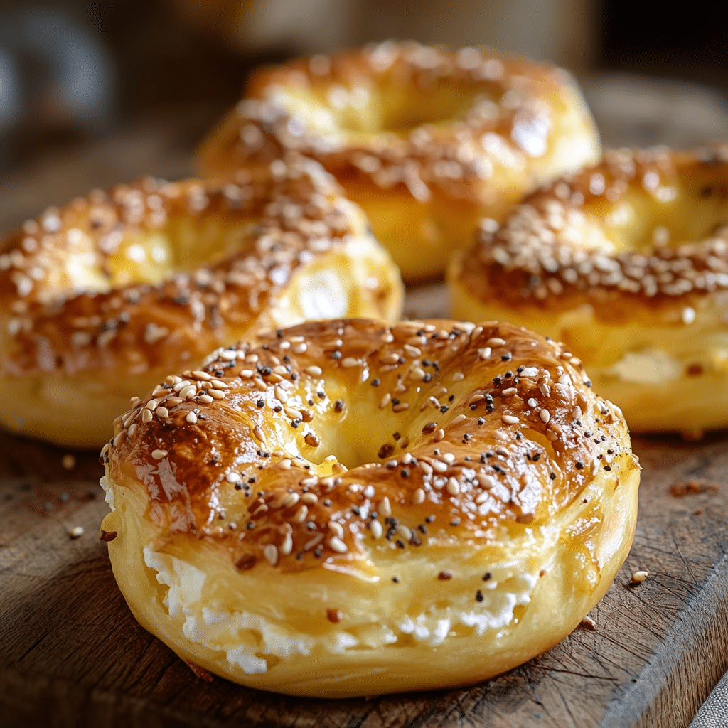 Freshly baked cottage cheese bagels with golden crust