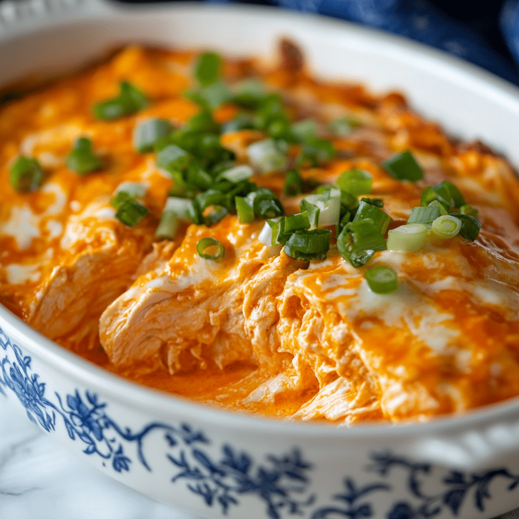 Cottage cheese buffalo chicken dip served hot in a ceramic dish
