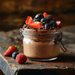 Cottage Cheese Chocolate Mousse Protein– A Healthy Dessert That Satisfies 7 Cottage cheese chocolate mousse protein dessert in a glass jar, topped with fresh strawberries, blueberries, blackberries, and chocolate chips.