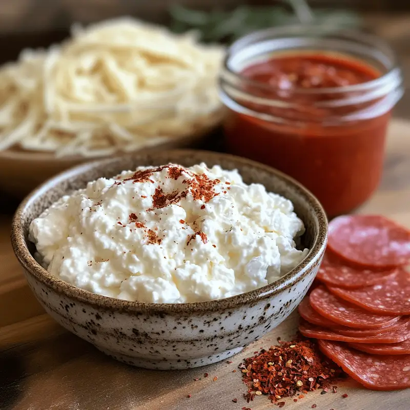 How to Make a Cottage Cheese Pizza Bowl —A Quick, High-Protein Low-Carb Feast 15 cottage cheese pizza bowl ingredients displayed on kitchen counter