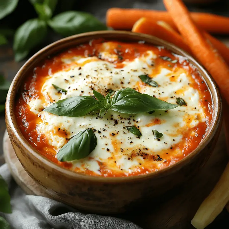 cottage cheese pizza bowl topped with mozzarella and basil