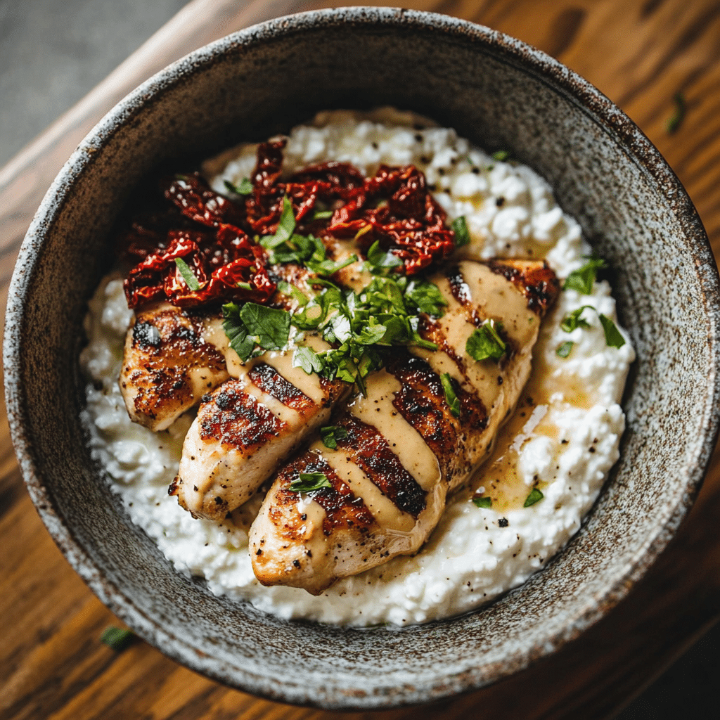 Easy Marry Me Cottage Cheese Bowl with chicken and sundried tomatoes