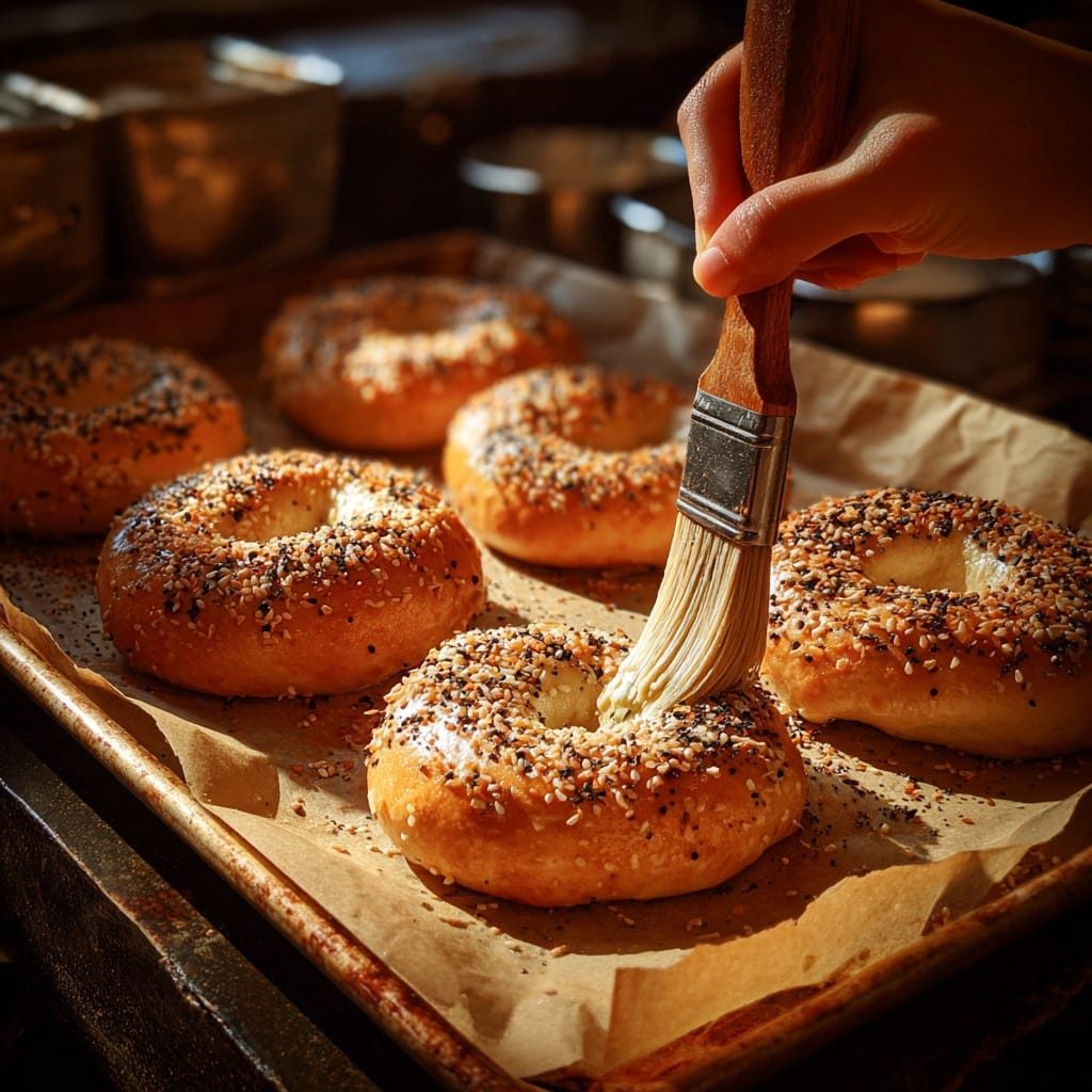 egg-wash-seasoned-bagels Brushing egg wash and seasoning cottage cheese almond flour bagels