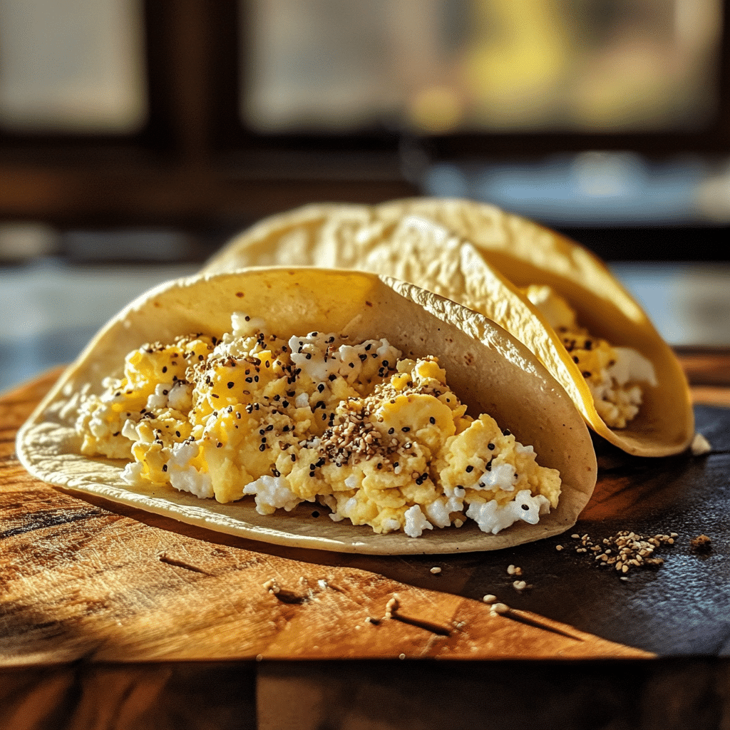 Everything bagel cottage cheese breakfast tacos on a plate