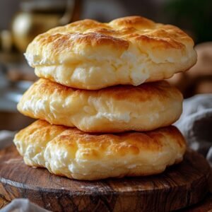 Fluffy cottage cheese cloud bread stacked on a wooden board