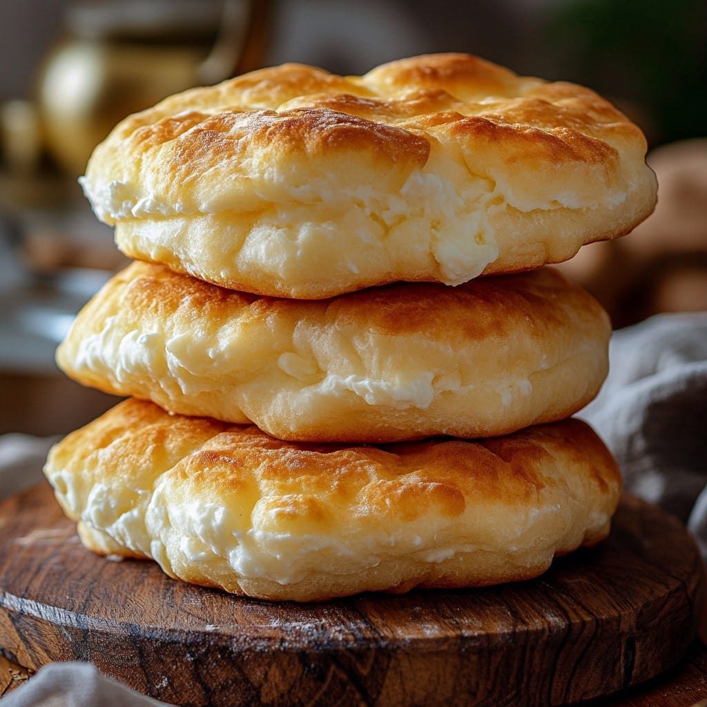 Fluffy cottage cheese cloud bread stacked on a wooden board