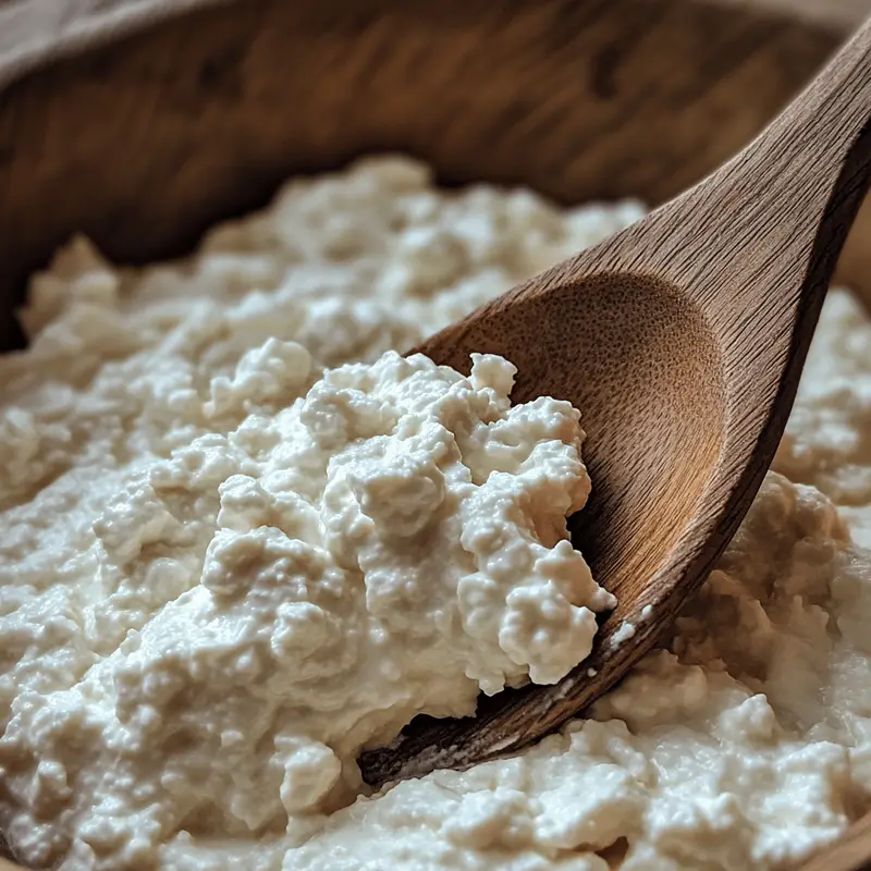Lactose Free Cottage Cheese: The Best Dairy-Free 10 Homemade lactose free cottage cheese being stirred with a wooden spoon.
