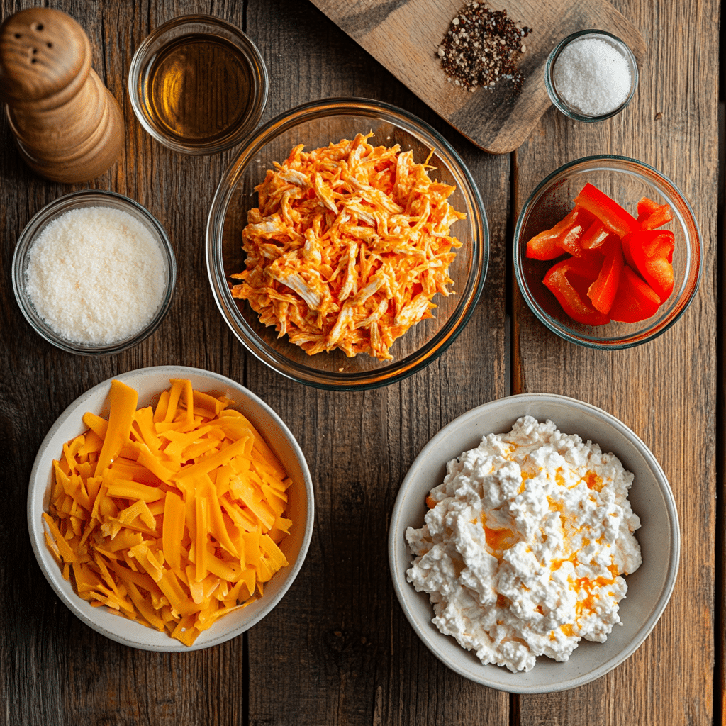 How To Make Cottage Cheese Buffalo Chicken Dip – High Protein&Cheesy 12 Ingredients for cottage cheese buffalo chicken dip arranged on kitchen counter