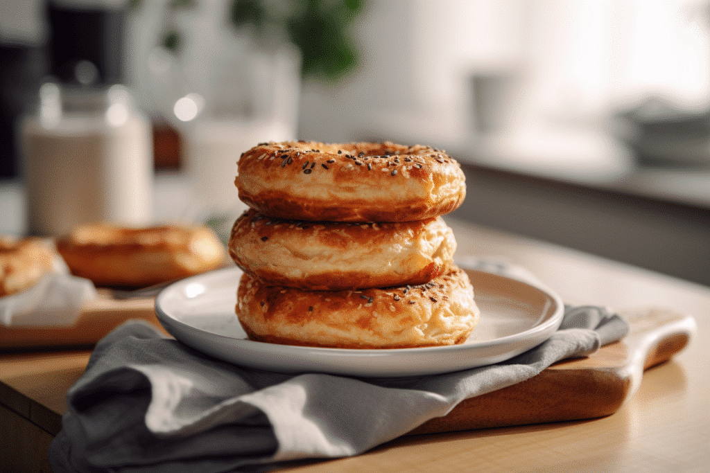 Keto cottage cheese bagels without flour freshly baked and golden brown