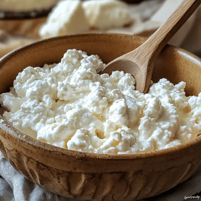 Lactose free cottage cheese in a wooden bowl.