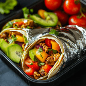 Meal-prepped everything bagel breakfast tacos in a container