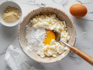 Ingredients mixed for cottage cheese bagel dough without self rising flour