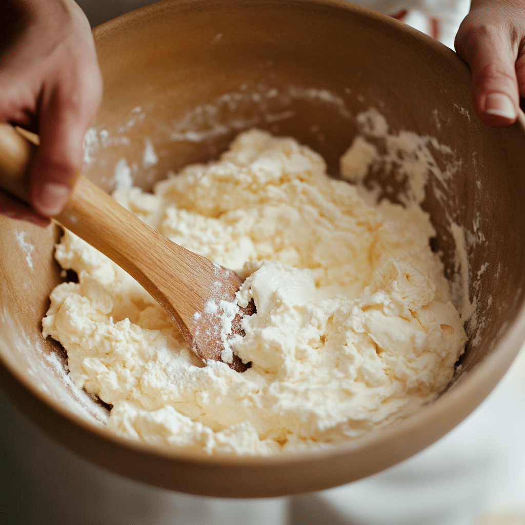  Mixing fluffy cottage cheese bagel dough in a glass bowl