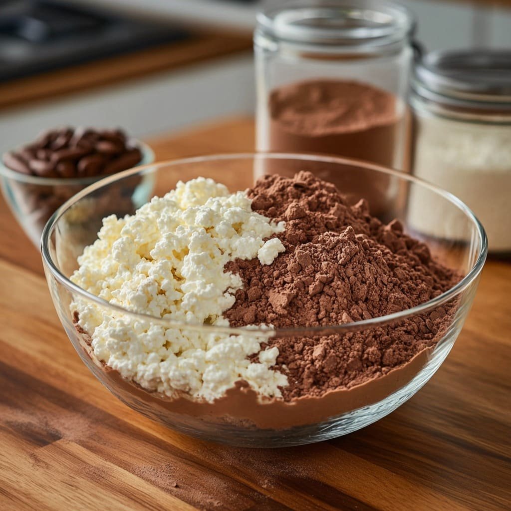 step-1-combine-ingredients-no-bake-cottage-cheese-brownie-batter-protein-bites mixing cottage cheese, cocoa powder, and protein powder in a bowl