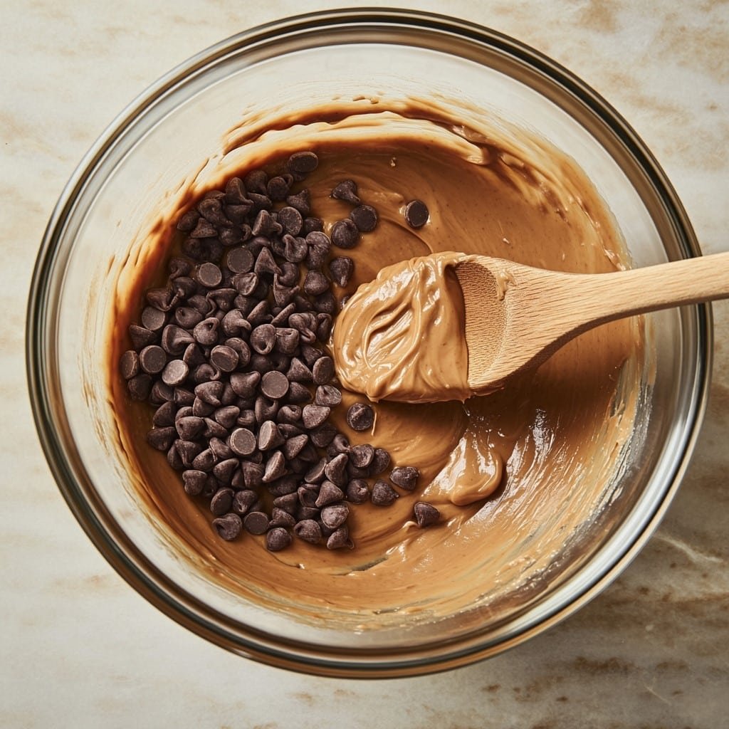step-3-add-extras-no-bake-cottage-cheese-brownie-batter-protein-bites adding chocolate chips and peanut butter to the batter