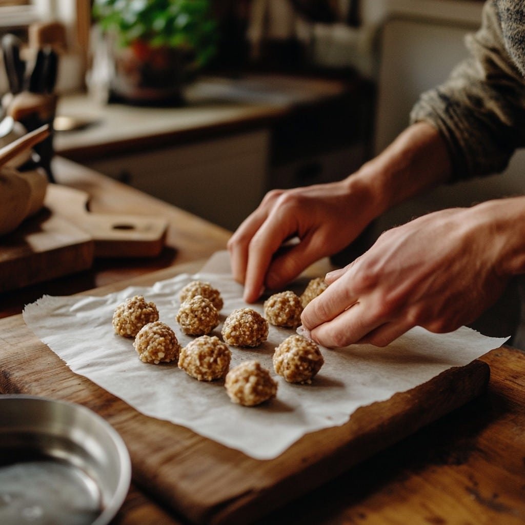 step-4-shape-bites-no-bake-cottage-cheese-brownie-batter-protein-bites rolling the mixture into bite-sized balls