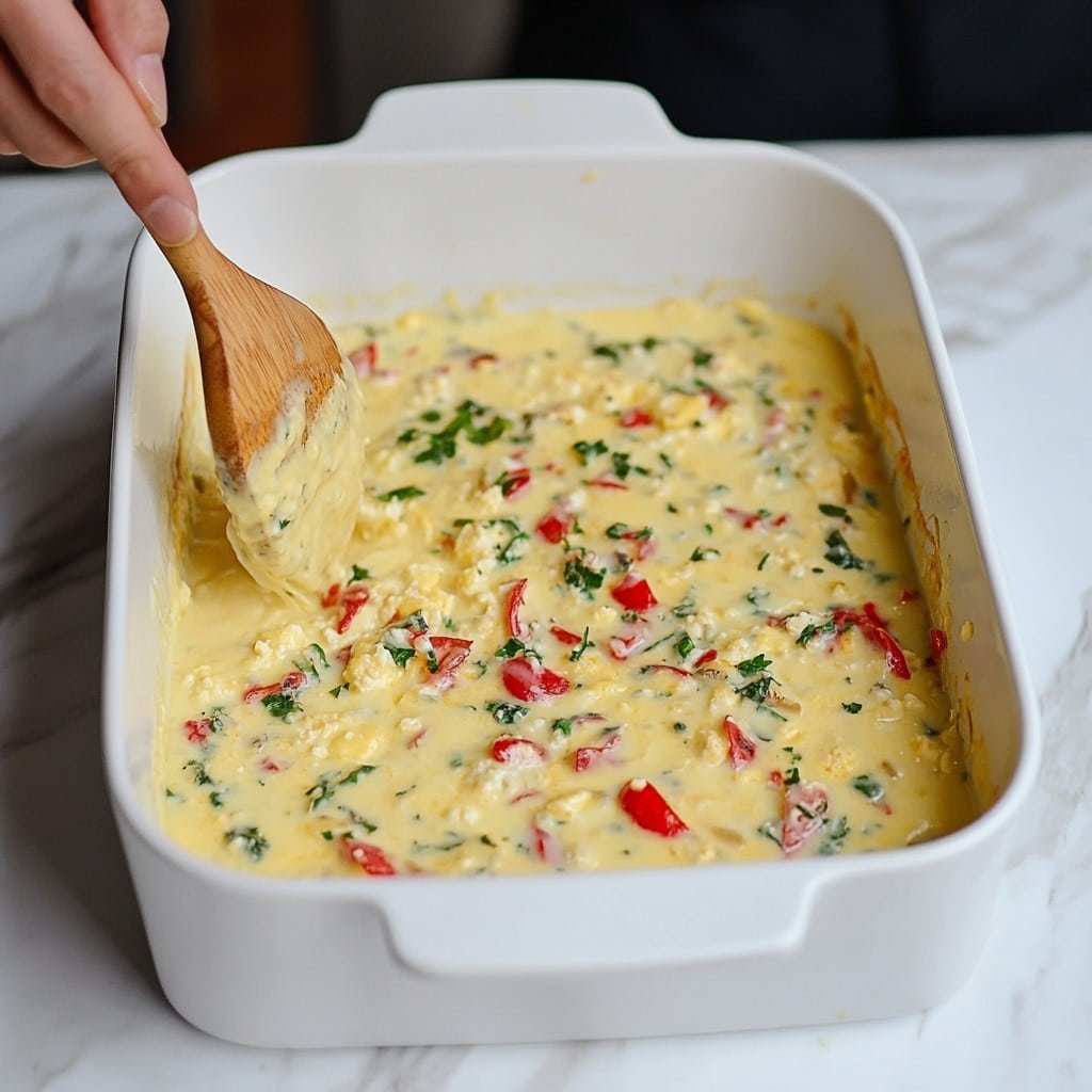 step-by-step-baked-cottage-cheese-eggs 2 Spreading mixture for baked cottage cheese eggs in dish