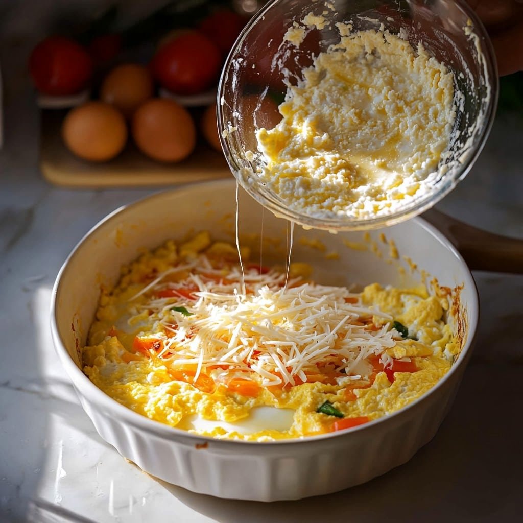 Pouring mixture into pan for baked cottage cheese eggs step-by-step baked cottage cheese eggs 2