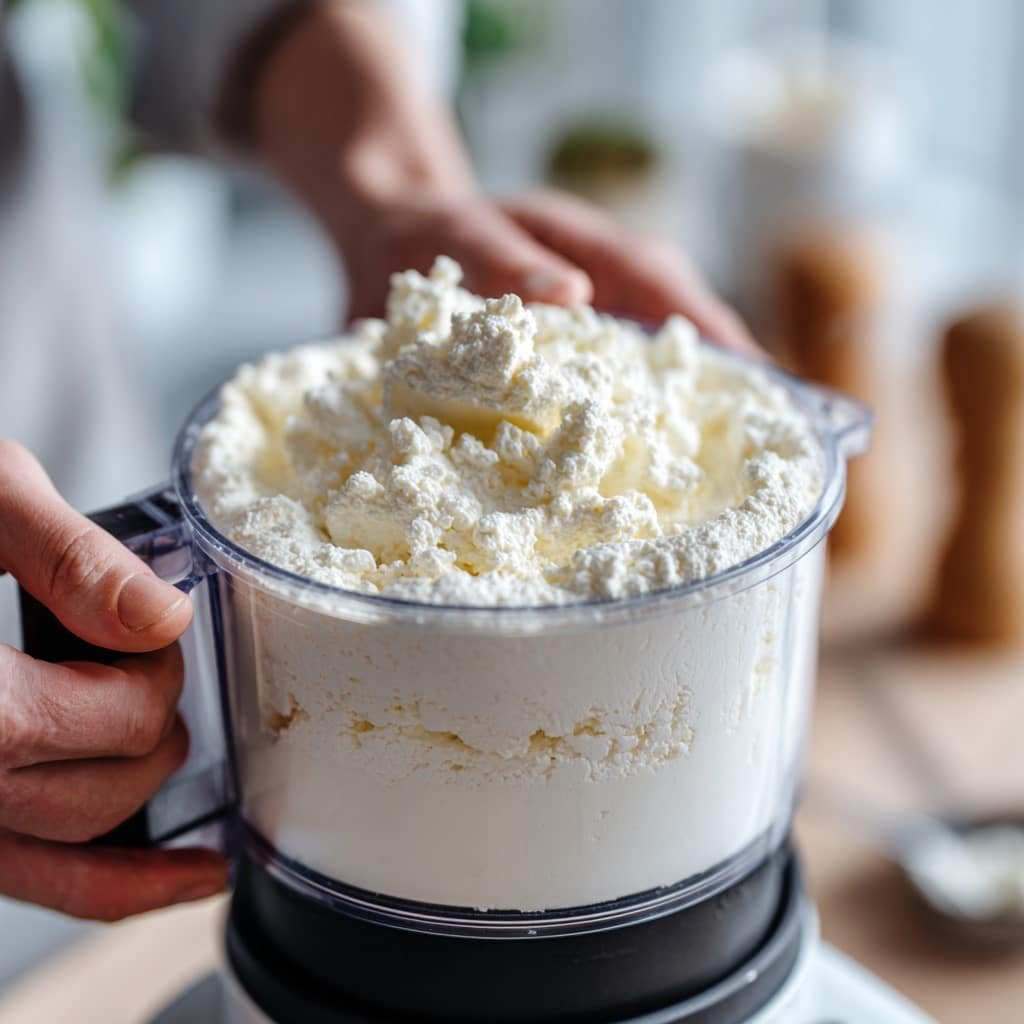step1-blend-cottage-cheese Blending cottage cheese for asiago cottage cheese bagels