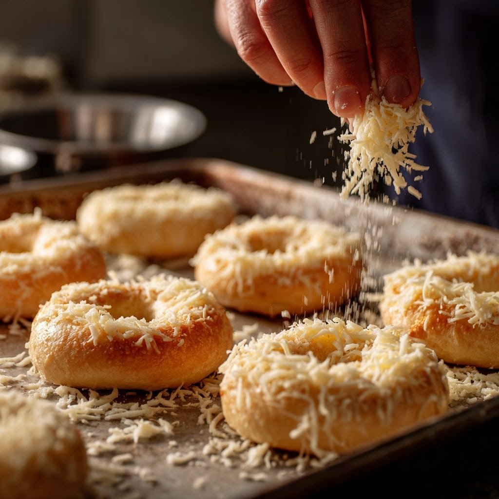 step4-add-asiago Adding asiago cheese on top of cottage cheese bagels