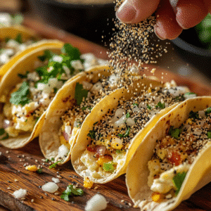 Sprinkling everything bagel seasoning on tacos