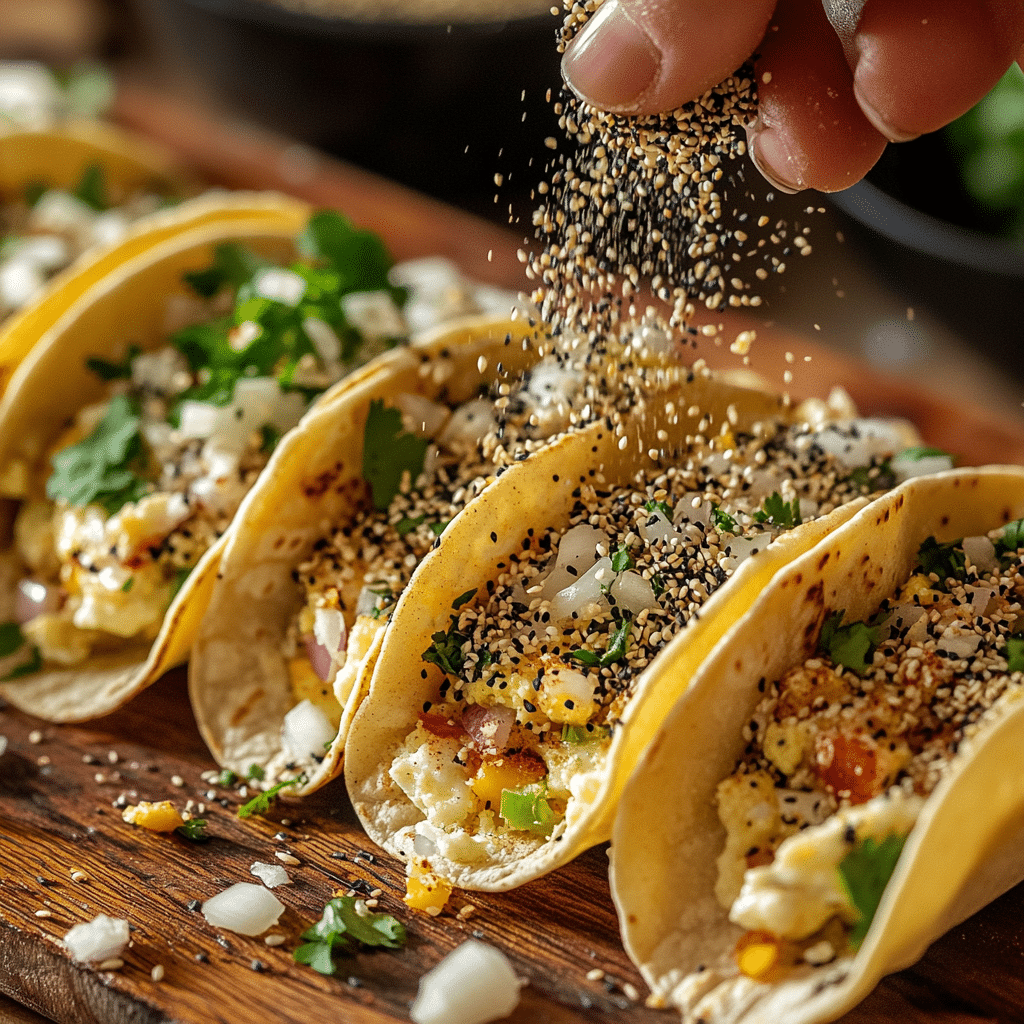 How to Make Everything Bagel Cottage Cheese Breakfast Tacos 36 Sprinkling everything bagel seasoning on tacos