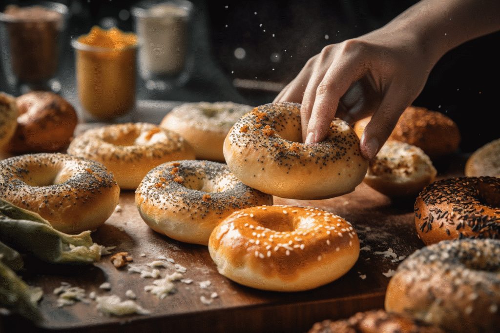 Adding toppings to fluffy cottage cheese bagels