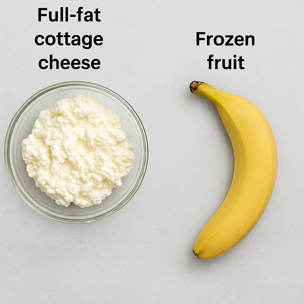 2 Ingredient Cottage Cheese Ice Cream – The High-Protein Sweet You Didn't See Coming 5 Flat lay of maki roll ingredients including sushi rice, seaweed sheets, sliced avocado, cucumber, and raw fish on a wooden surface, ready for sushi making at home