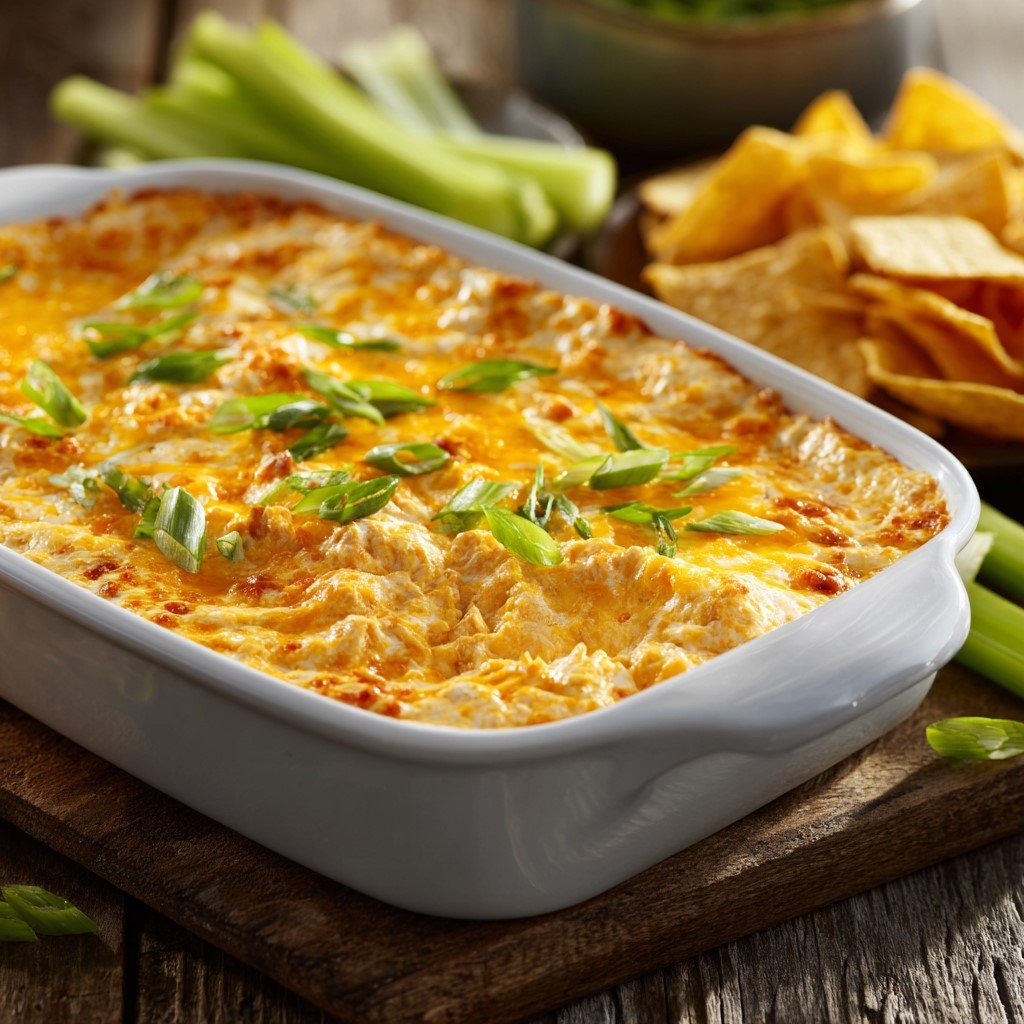 Buffalo Chicken Dip with Cottage Cheese served hot with tortilla chips and celery