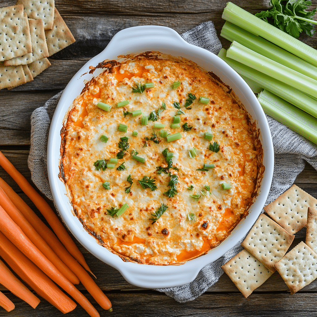 Healthy Buffalo Chicken Dip with Cottage Cheese served with veggies
