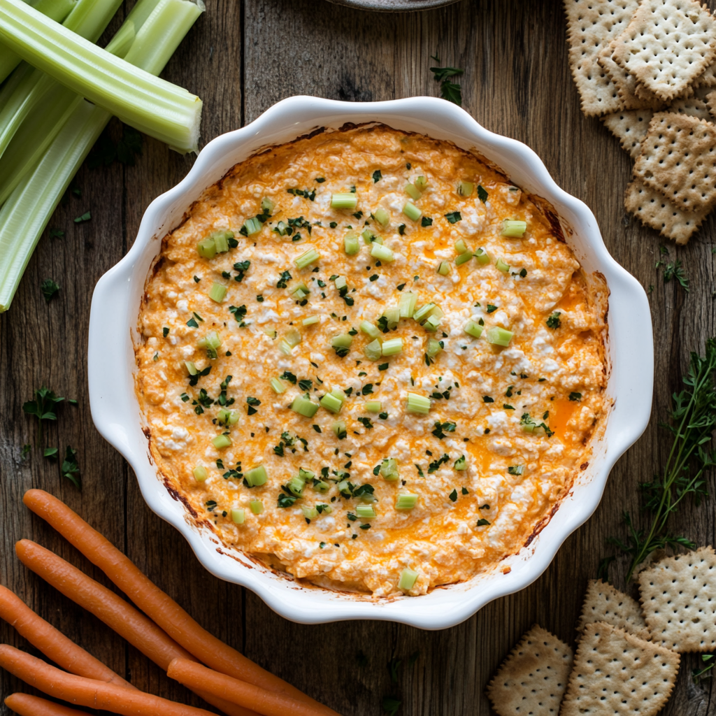 5 Best Ways to Make Buffalo Chicken Dip with Cottage Cheese 3 Healthy Buffalo Chicken Dip with Cottage Cheese served with veggies